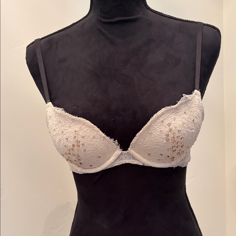 Victoria's Secret Designer Cream Lace Bra with Gold Crystal Accents